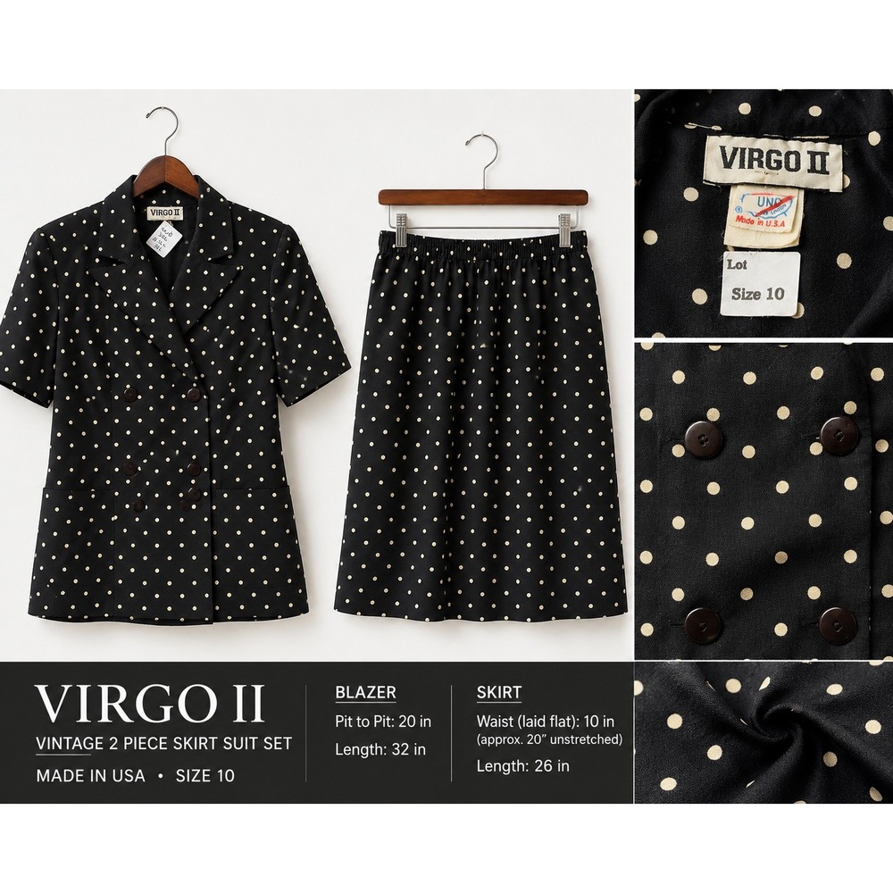 Vintage Virgo 2 Piece Skirt Suit Set Black Polka Dot Short Sleeve Blazer Sz 10